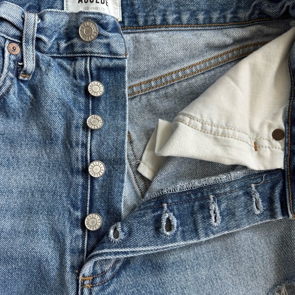 Agolde 90'S Mid Rise Straight Alter Light Wash Denim Ripped Button Fly Jeans 25 - Picture 5 of 11